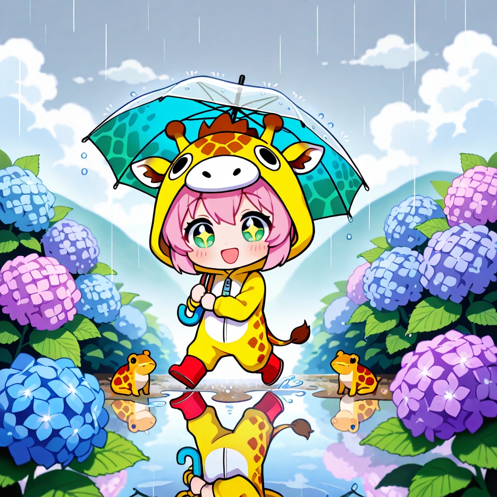 傘の日のキリン着ぐるみちび子ちゃん
