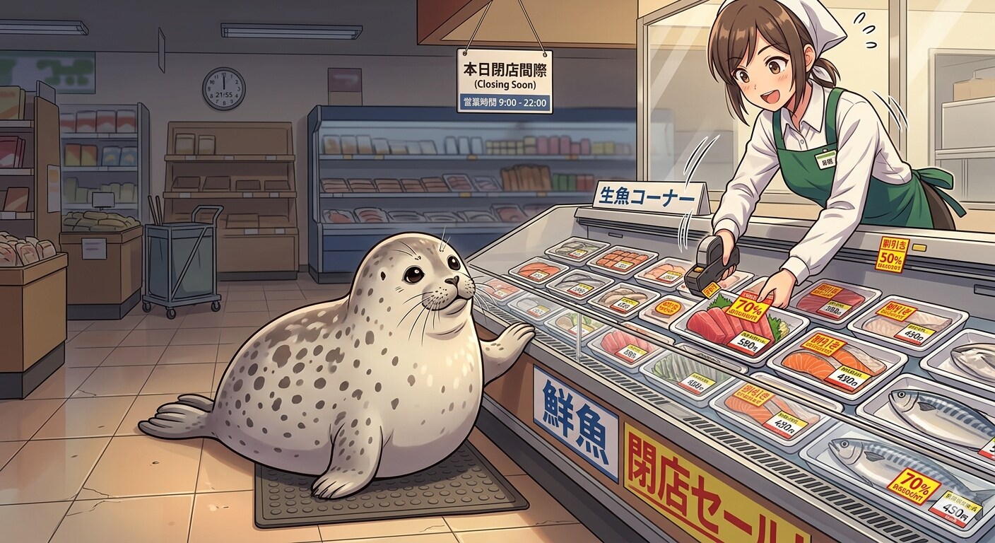 閉店間際の魚売り場で魚商品に値引きシールを貼られるまで粘るアザラシ | の人気AIイラスト・グラビア