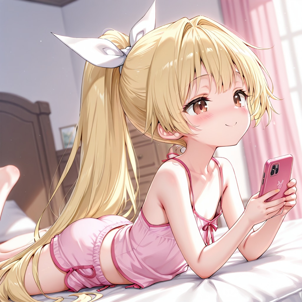 夏休みは朝からお部屋でスマホ三昧♡