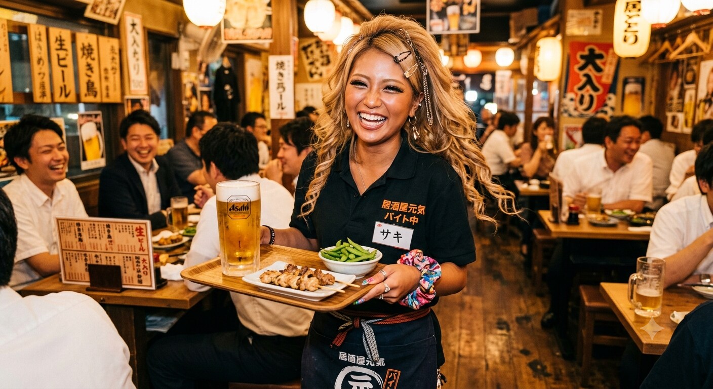 日焼けした金髪ギャルの居酒屋バイト