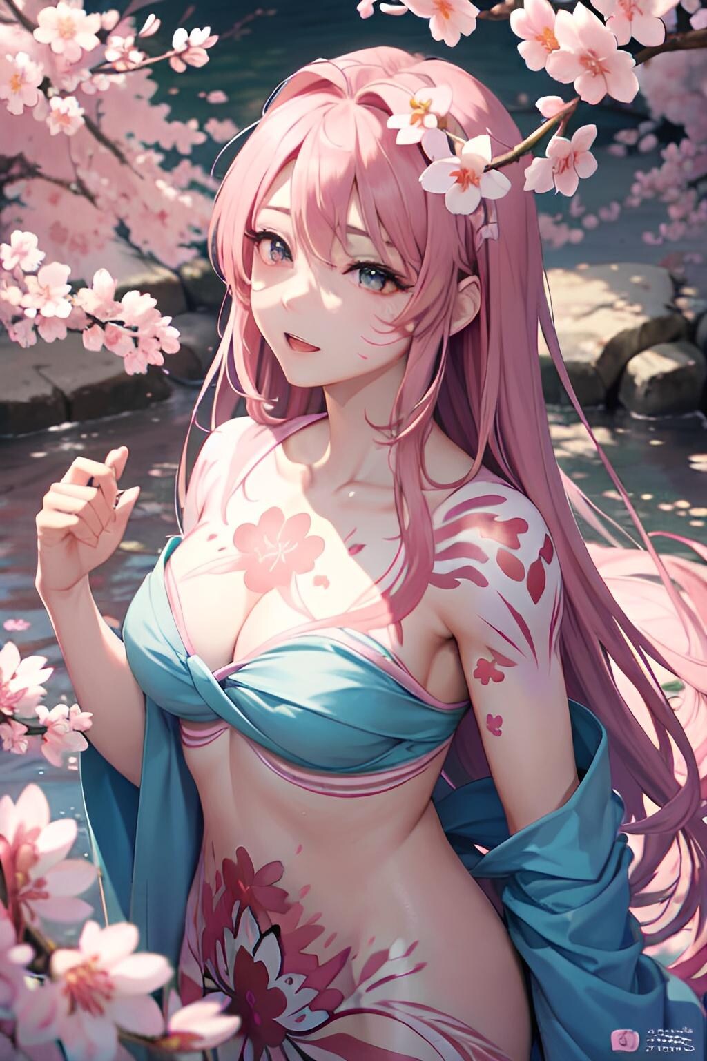 桜テーマのボディペイント美少女