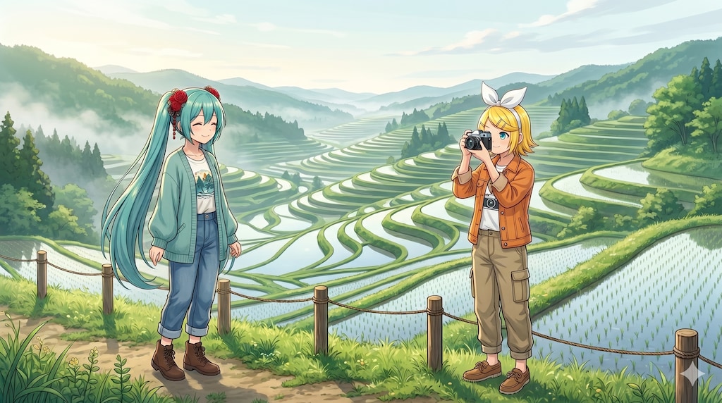 新潟旅行をするミクさんとリンさん