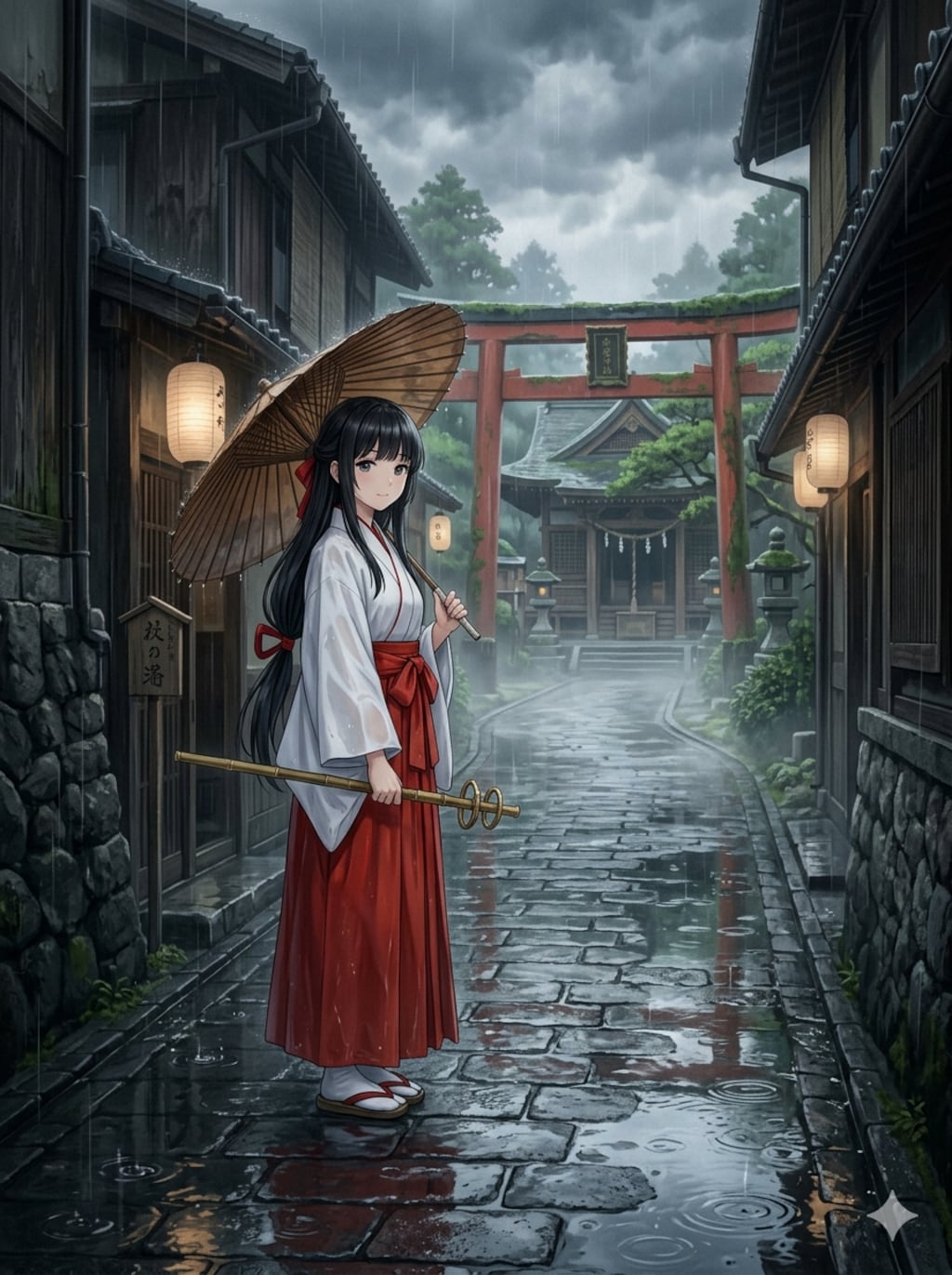 雨の路地と神社