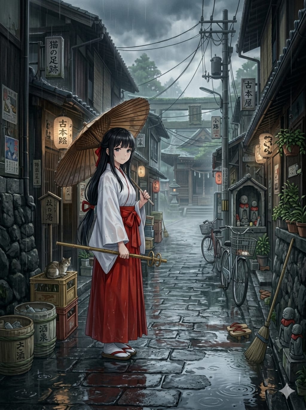 雨の路地と神社