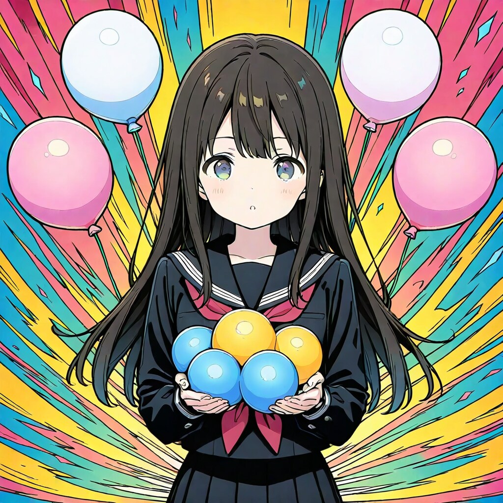 色とりどりの風船を持つ黒髪ロングのセーラー服の美少女。 | の人気AIイラスト・グラビア