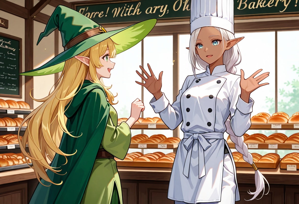 親友なエルフ魔女さんとパン屋を営むダークエルフさん | の人気AIイラスト・グラビア
