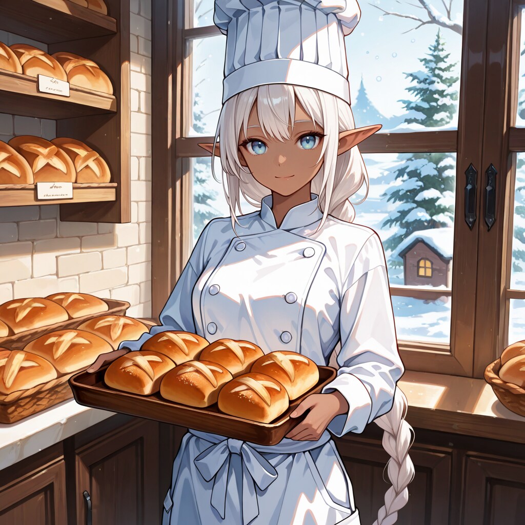 冬景色が見えるパン屋を営むダークエルフさん