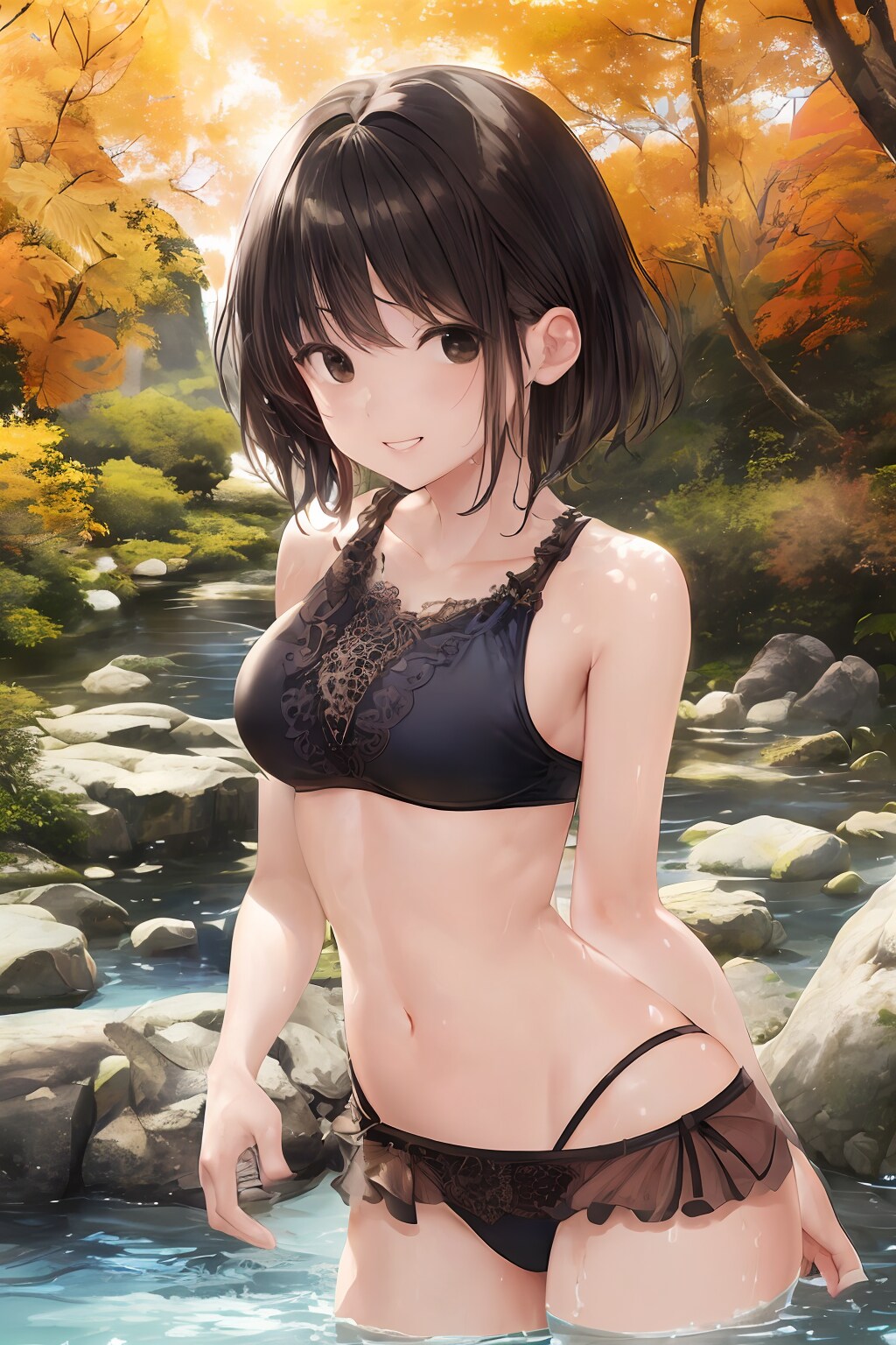 黒ビキニで渓流遊び