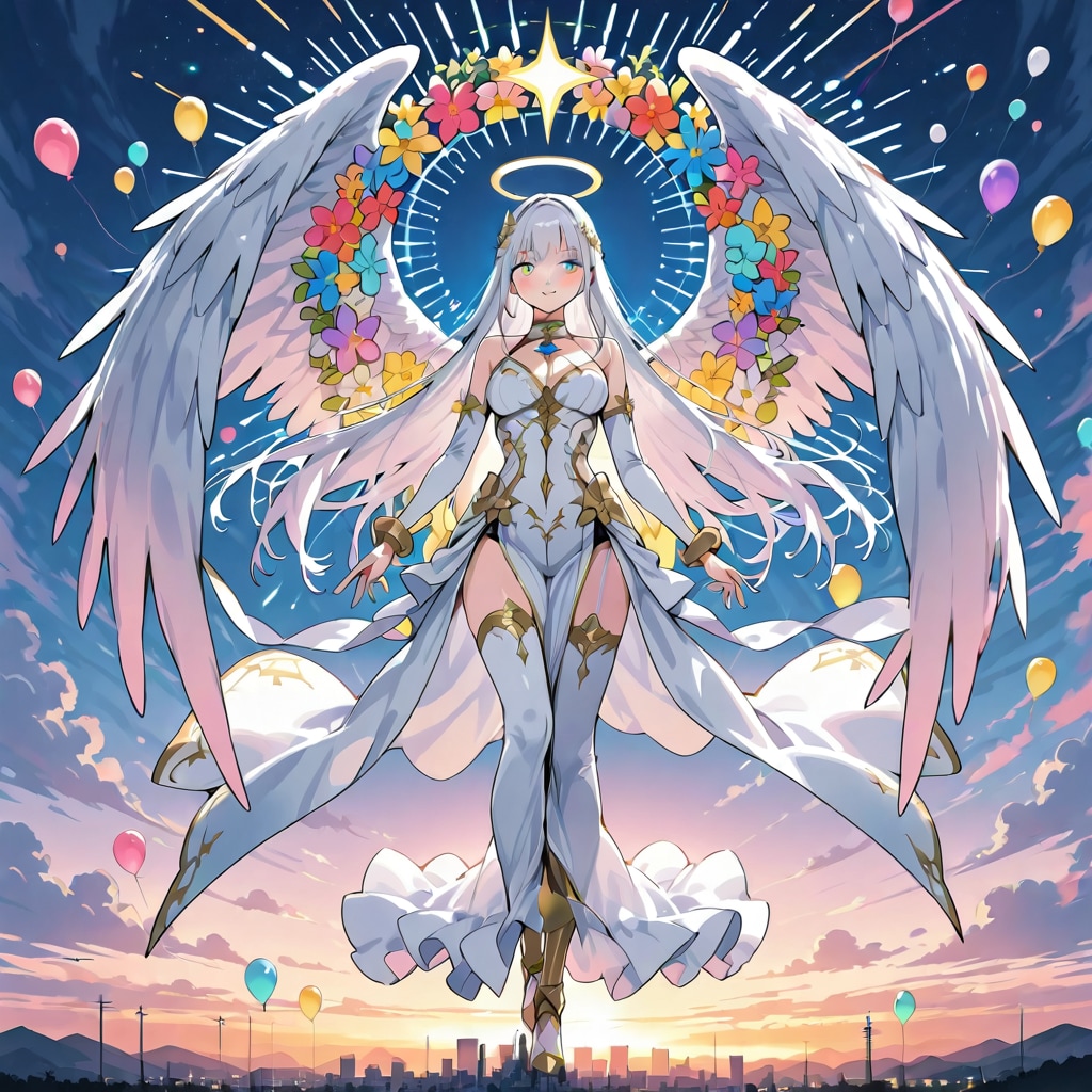 いっぱい色とりどりの風船を持つシルバーロングヘアの天使の羽付けた美女