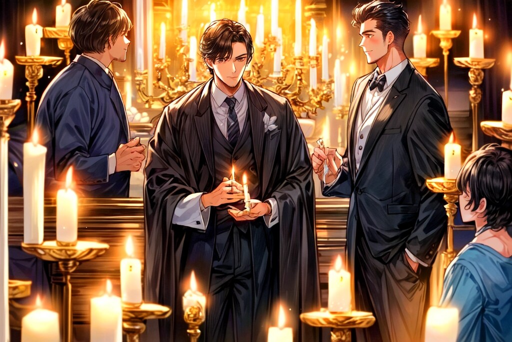 キャンドルと、鎮魂する黒髪短髪男性……（6枚）