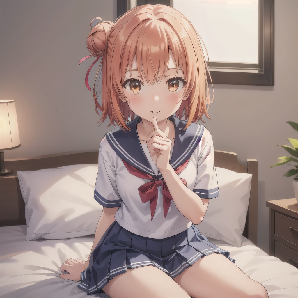 茶髪シニヨンで寝室の少女