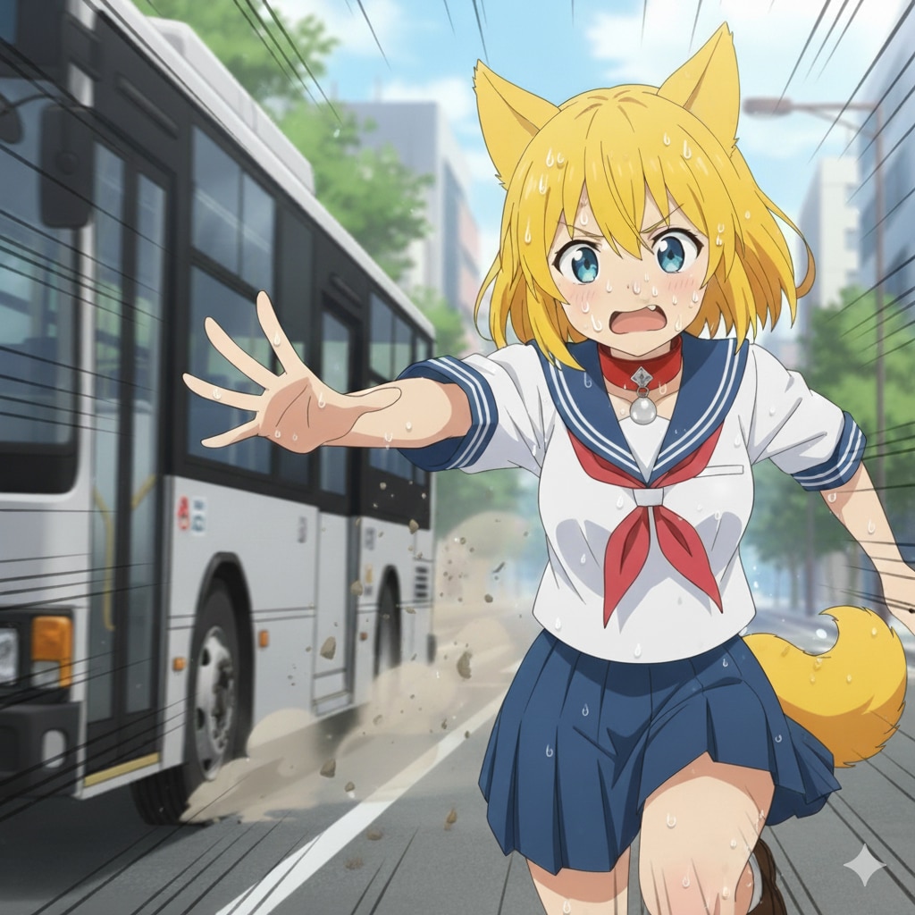 盛大に寝坊してリニアモーターカー並のスピードで身支度を整え学校へ向かって家を飛び出しバス停に猛ダッシュするもあと一歩間に合わずまるで逃…