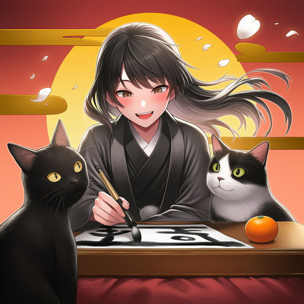 服部先輩、書初めをする