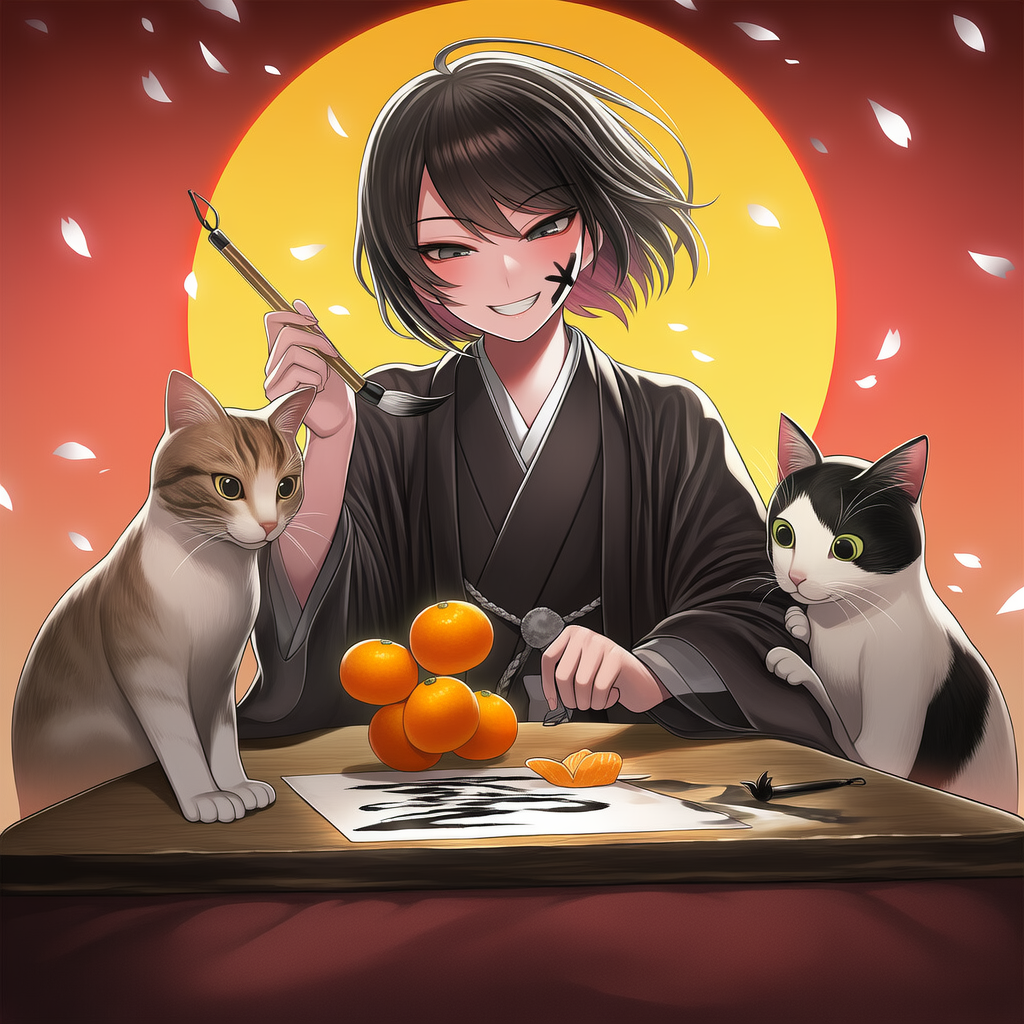 服部先輩、書初めをする