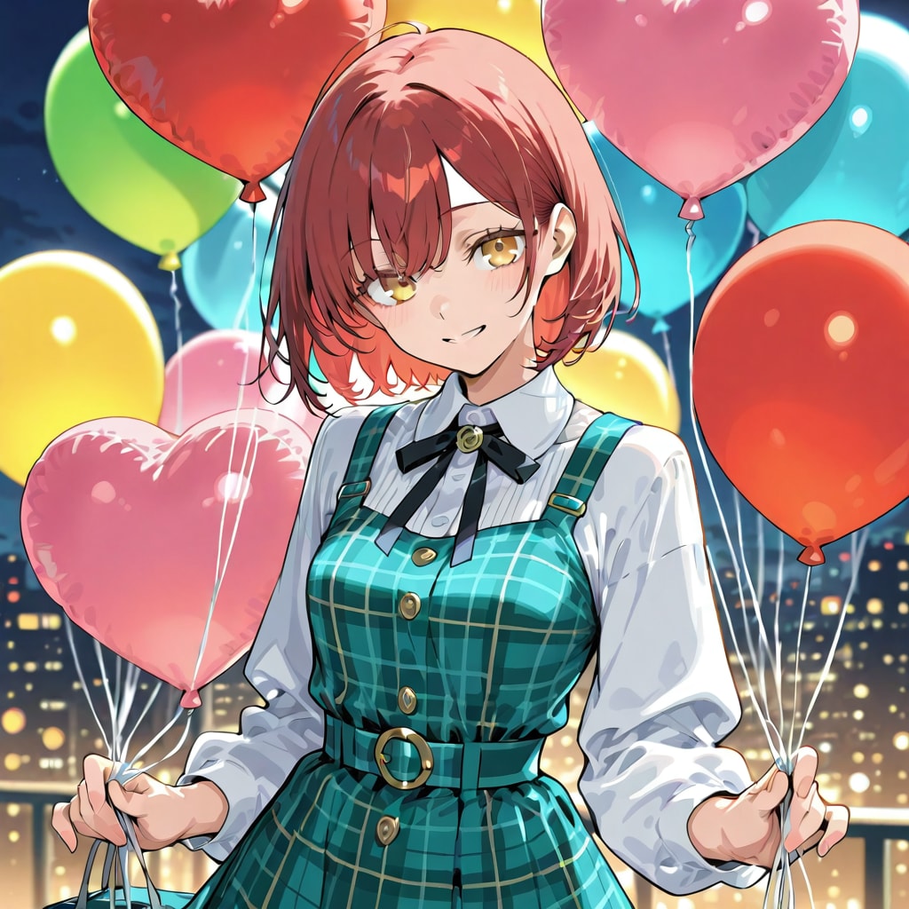 いっぱい色とりどりの風船を持つ赤い髪ショートカットのタータンチェック柄の服着た美少女