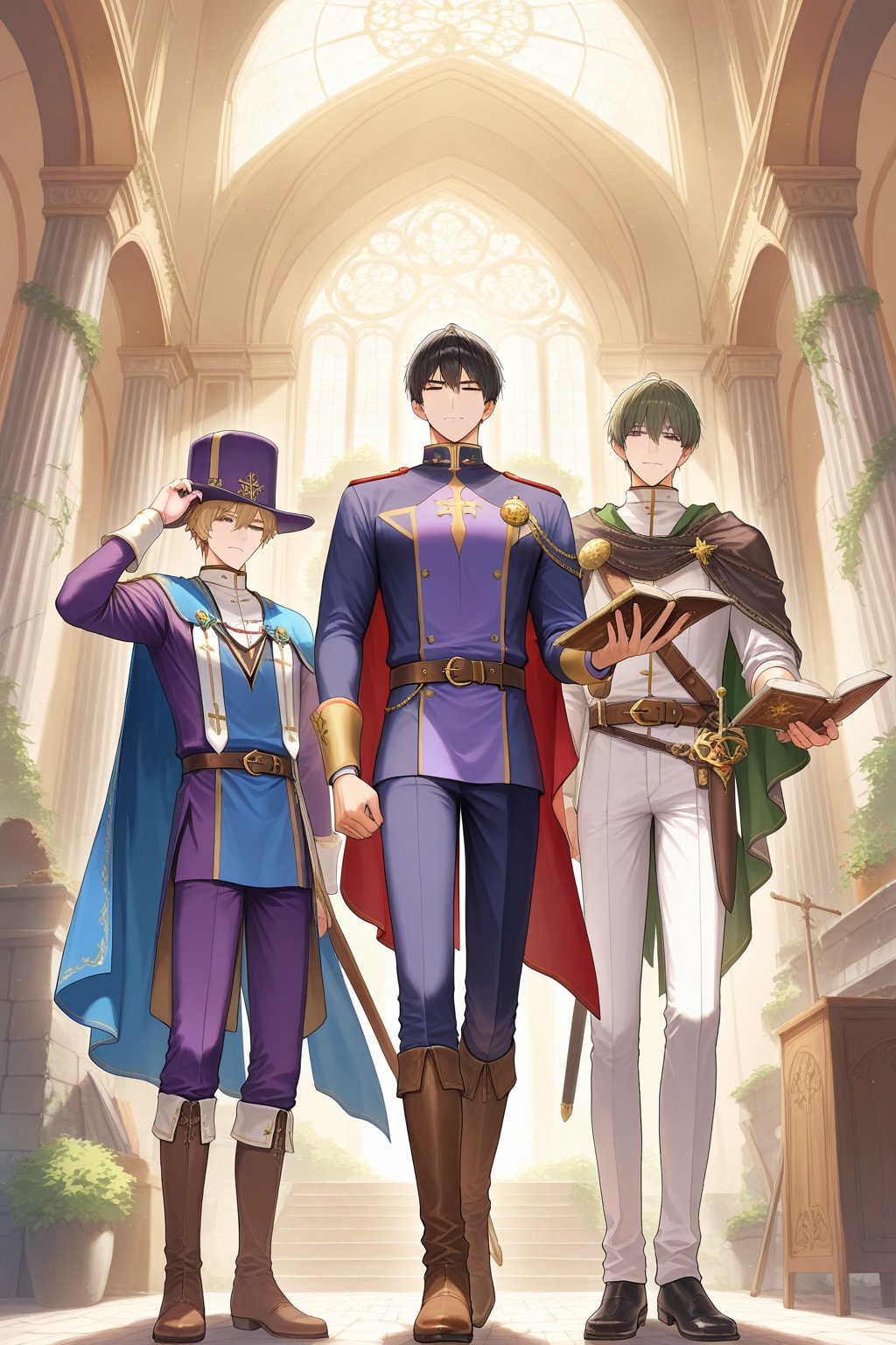 ファンタジー遺跡地下、アニメ風若き司教トリオ