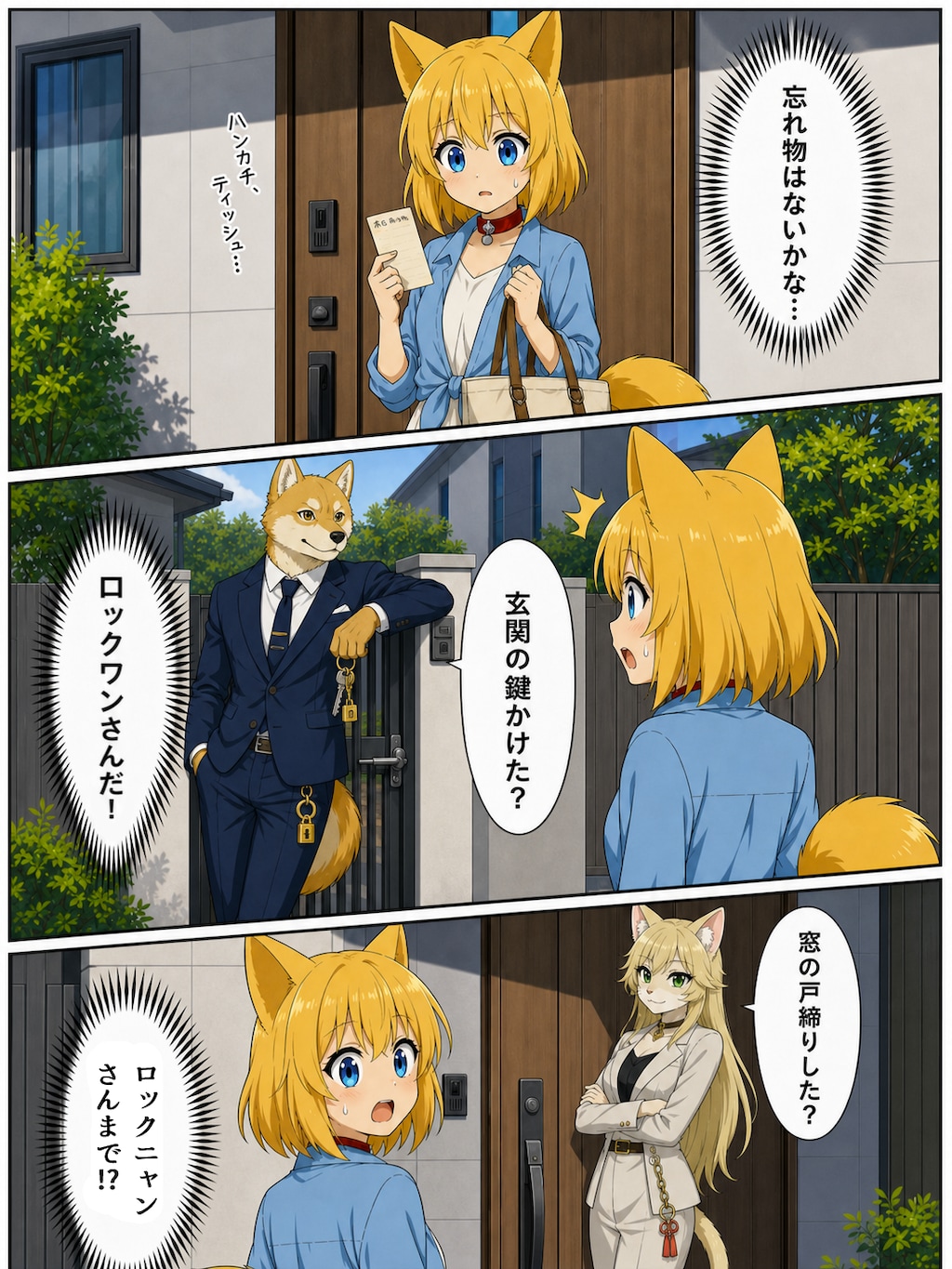 お出かけしようとするとどこからともなく現れ戸締りを確認してくれる存在と遭遇するキツネ