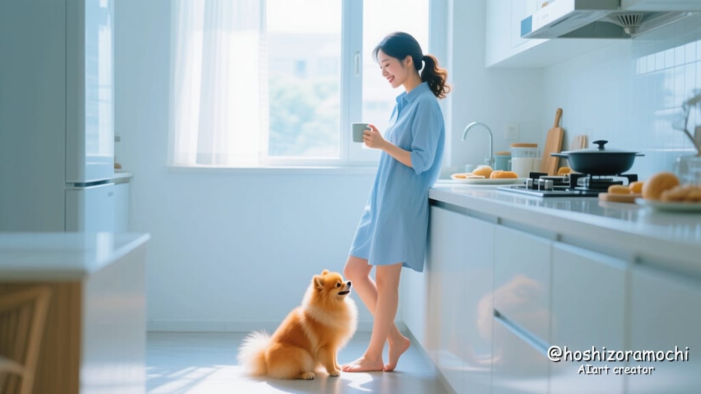 朝の陽光とポメラニアン：始まる一日