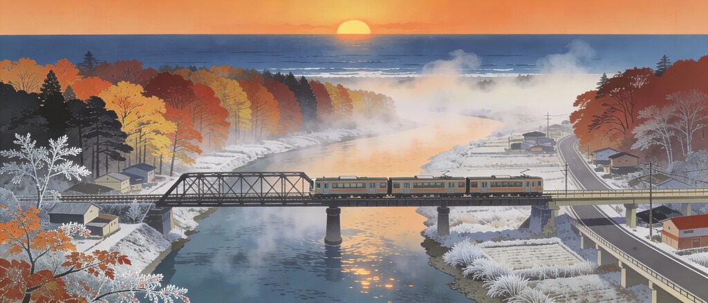 朝靄とローカル線(Seedream4.5)(2)