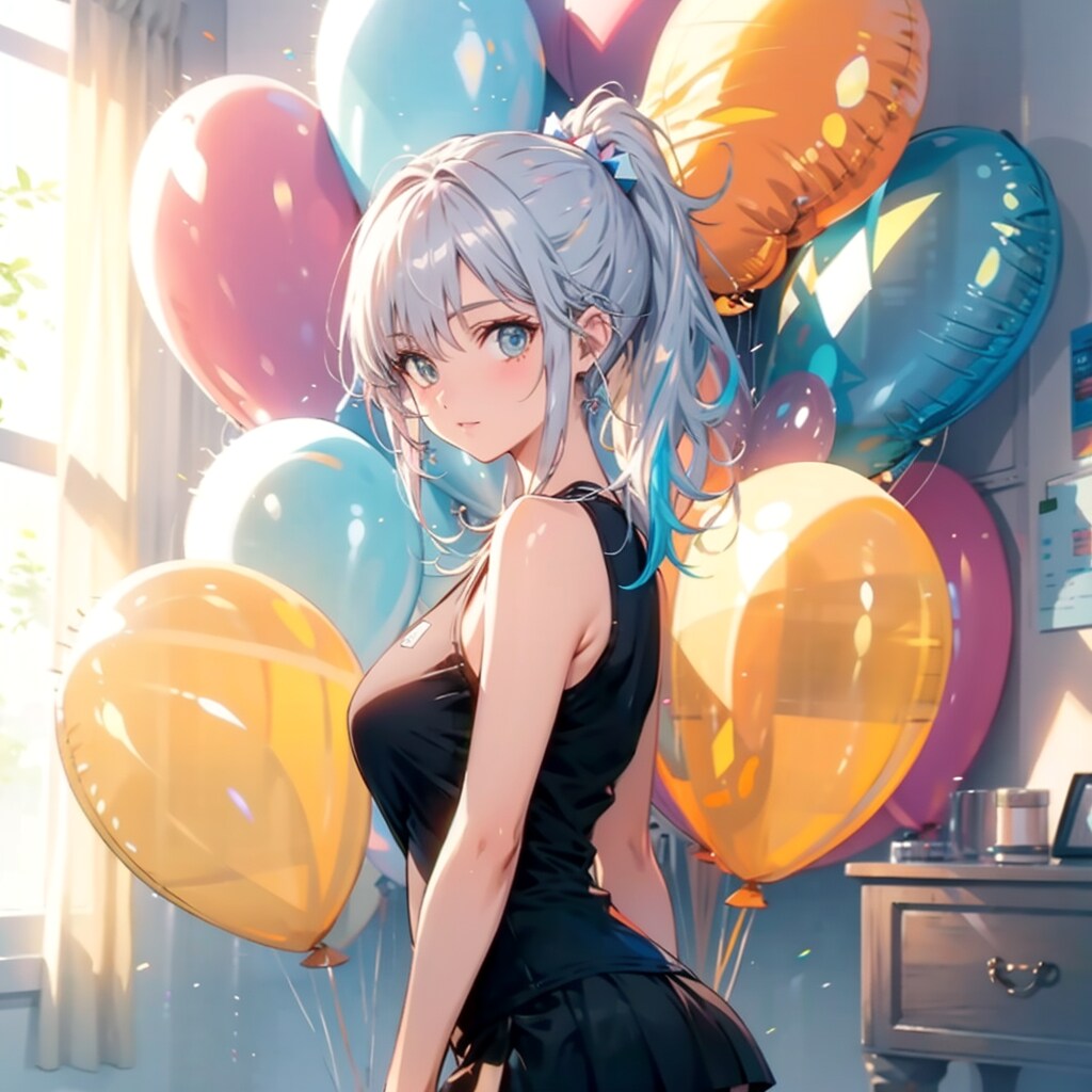 いっぱい色とりどりの風船を持つ銀髪ポニーテールのテニスウェア着た美女