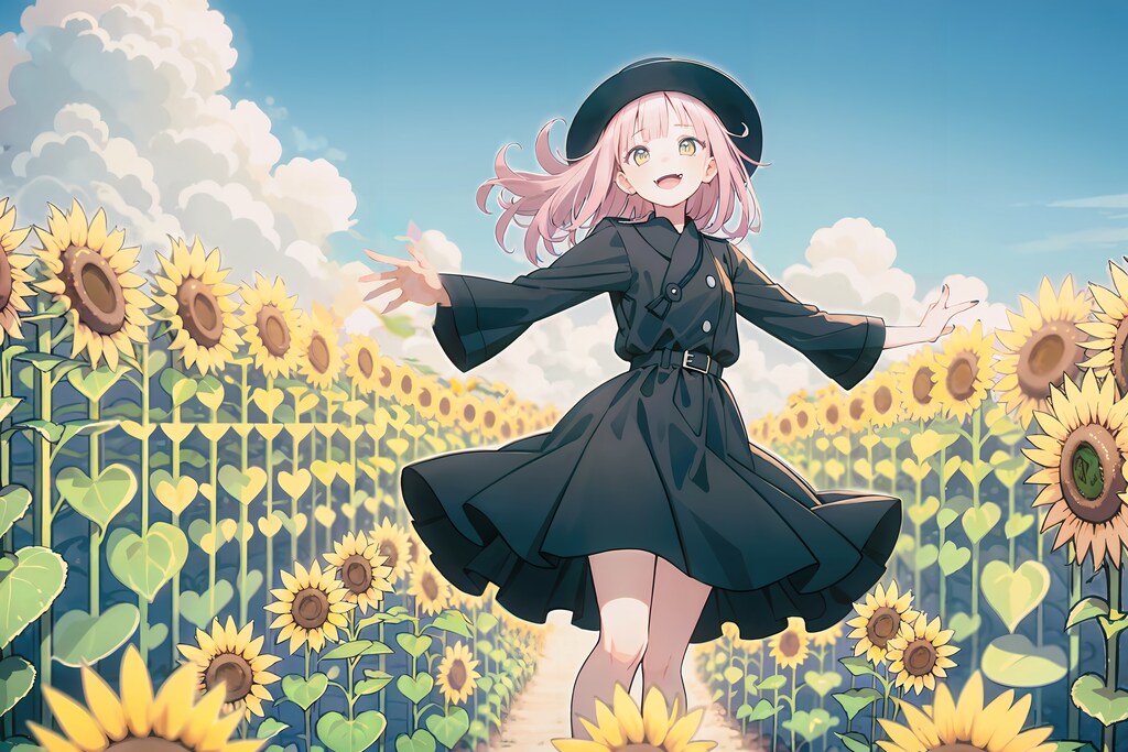 向日葵と空と雲と　暑そうな衣装！