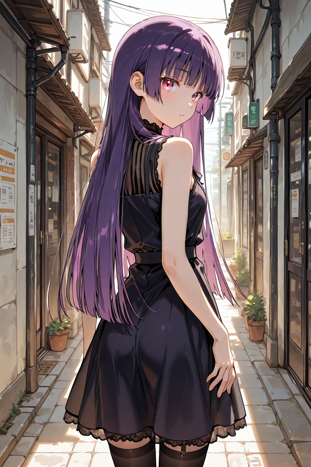 古い街並みのロングヘアの少女