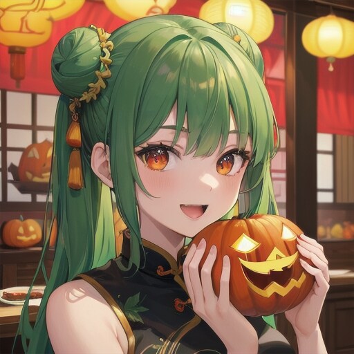 ジャックオーランタンを食べようとする中国の少女