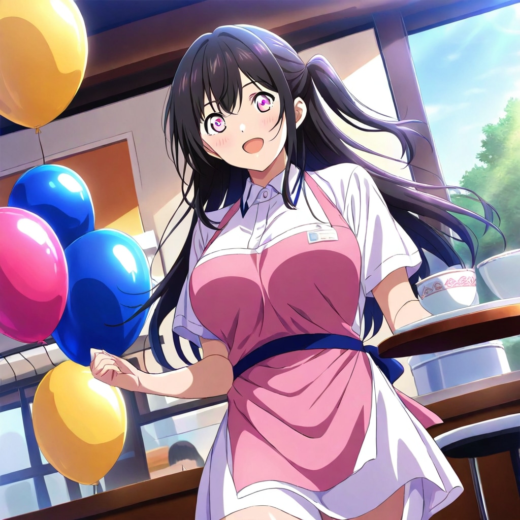 いっぱい風船を持つ黒髪ロングのレストランの美女店員さん。