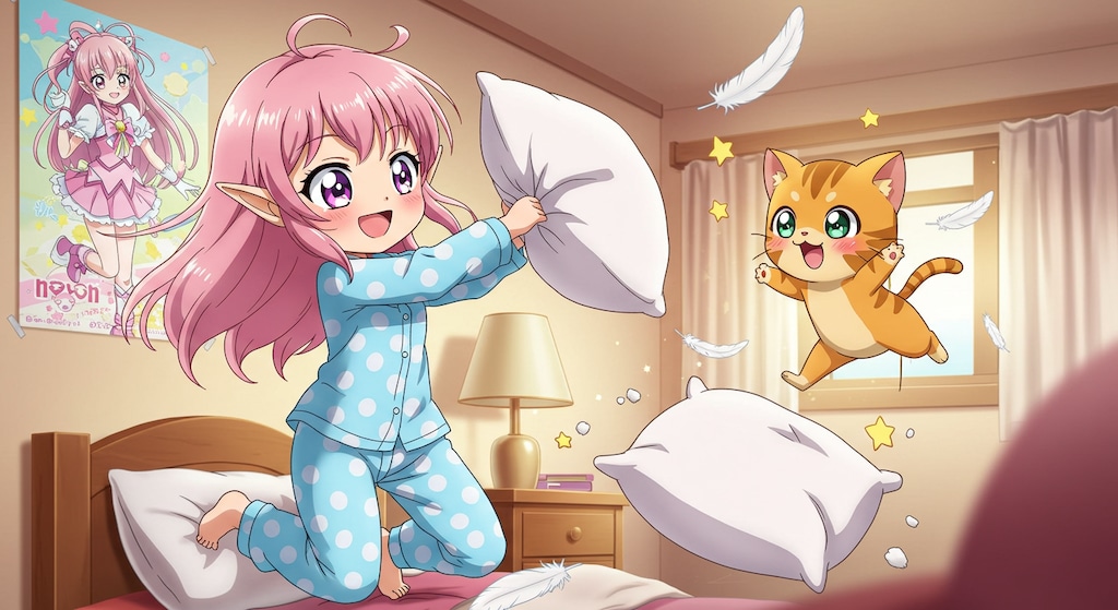 エルフと子猫の枕投げバトル！