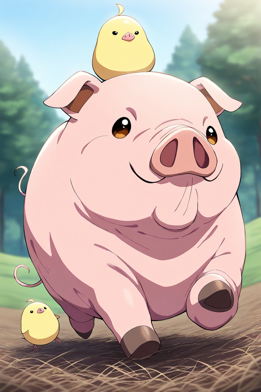 おブタの上にひよこ。