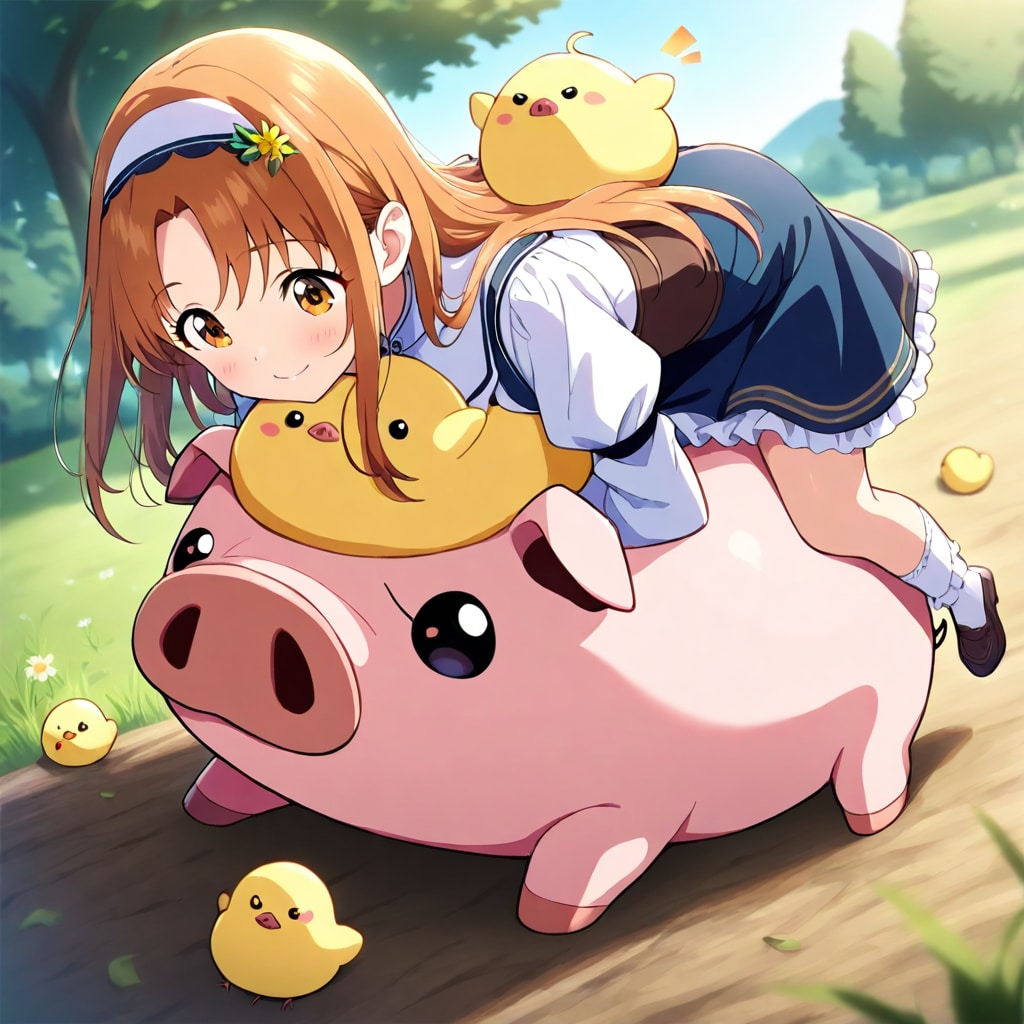 おブタの上にひよこ。