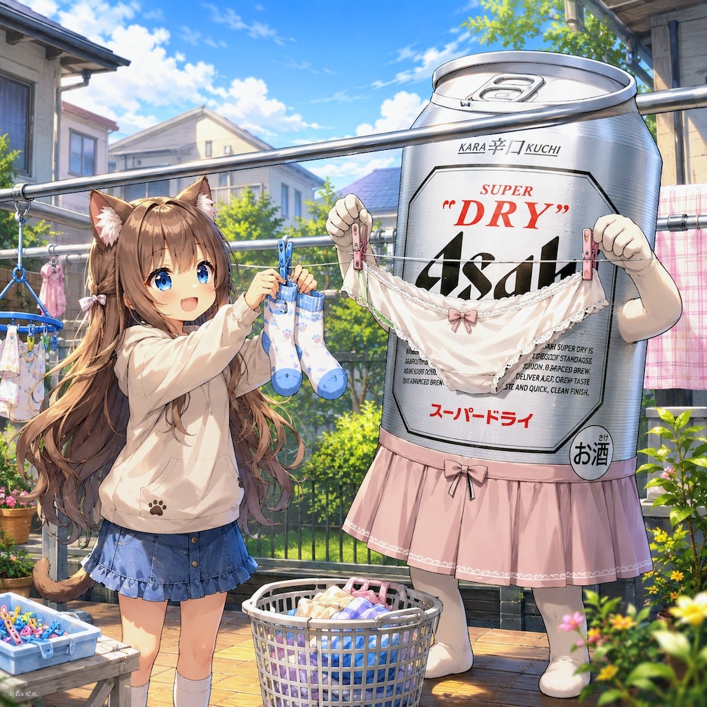 パンツを干すビール缶と小さな女の子