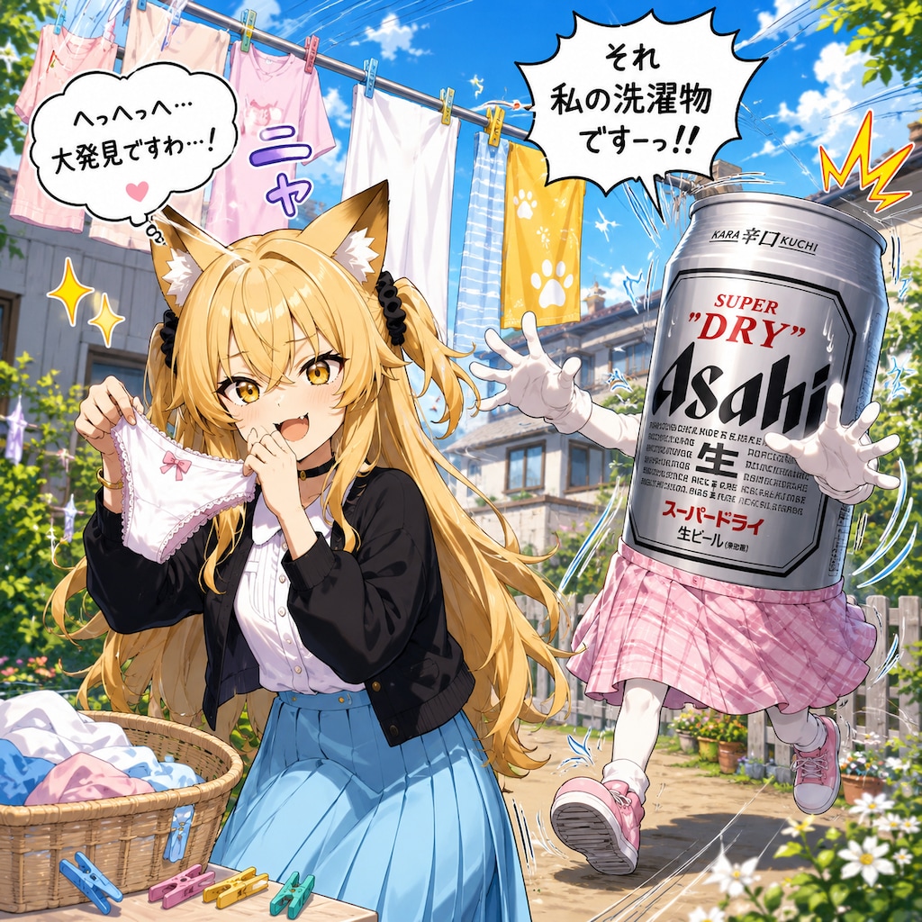 パンツを干すビール缶と小さな女の子