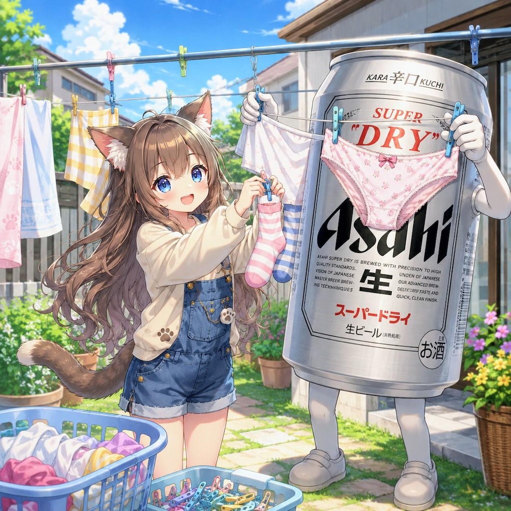 パンツを干すビール缶と小さな女の子