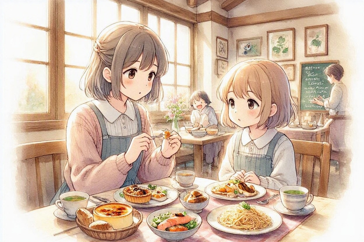 姉妹で外食(水彩タッチ)(MAI-Image-2e) | の人気AIイラスト・グラビア