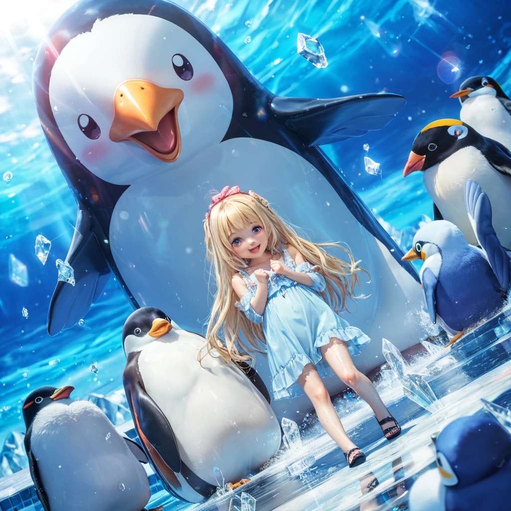 ペンギンの群れと少女