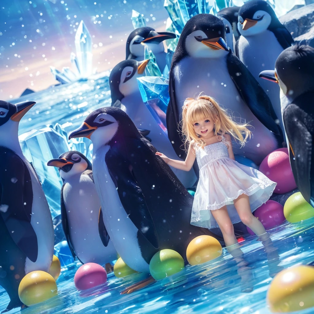 ペンギンの群れと少女