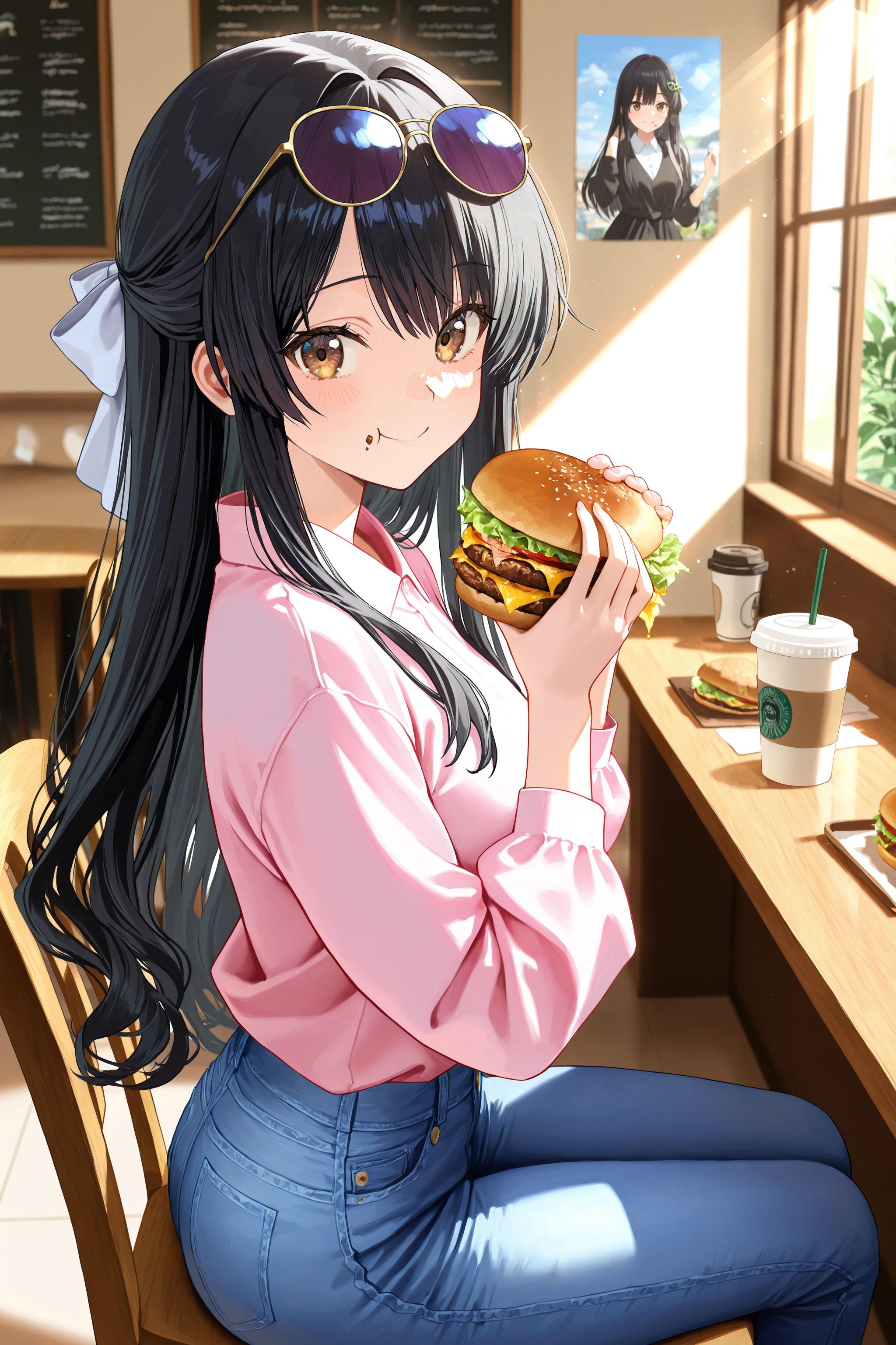 異世界神社の巫女さん（神楽さん休憩中）【神楽とハンバーガーと、時空を超える勇者】 | の人気AIイラスト・グラビア