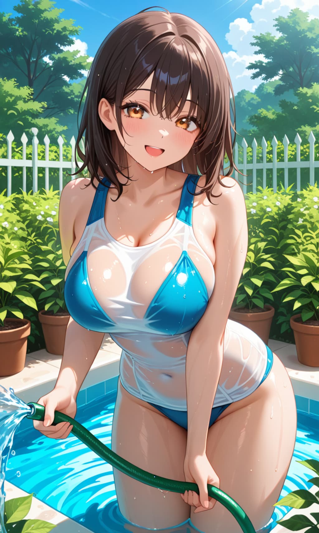 庭で水浴び
