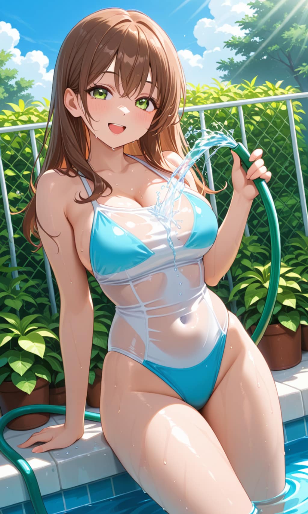 庭で水浴び