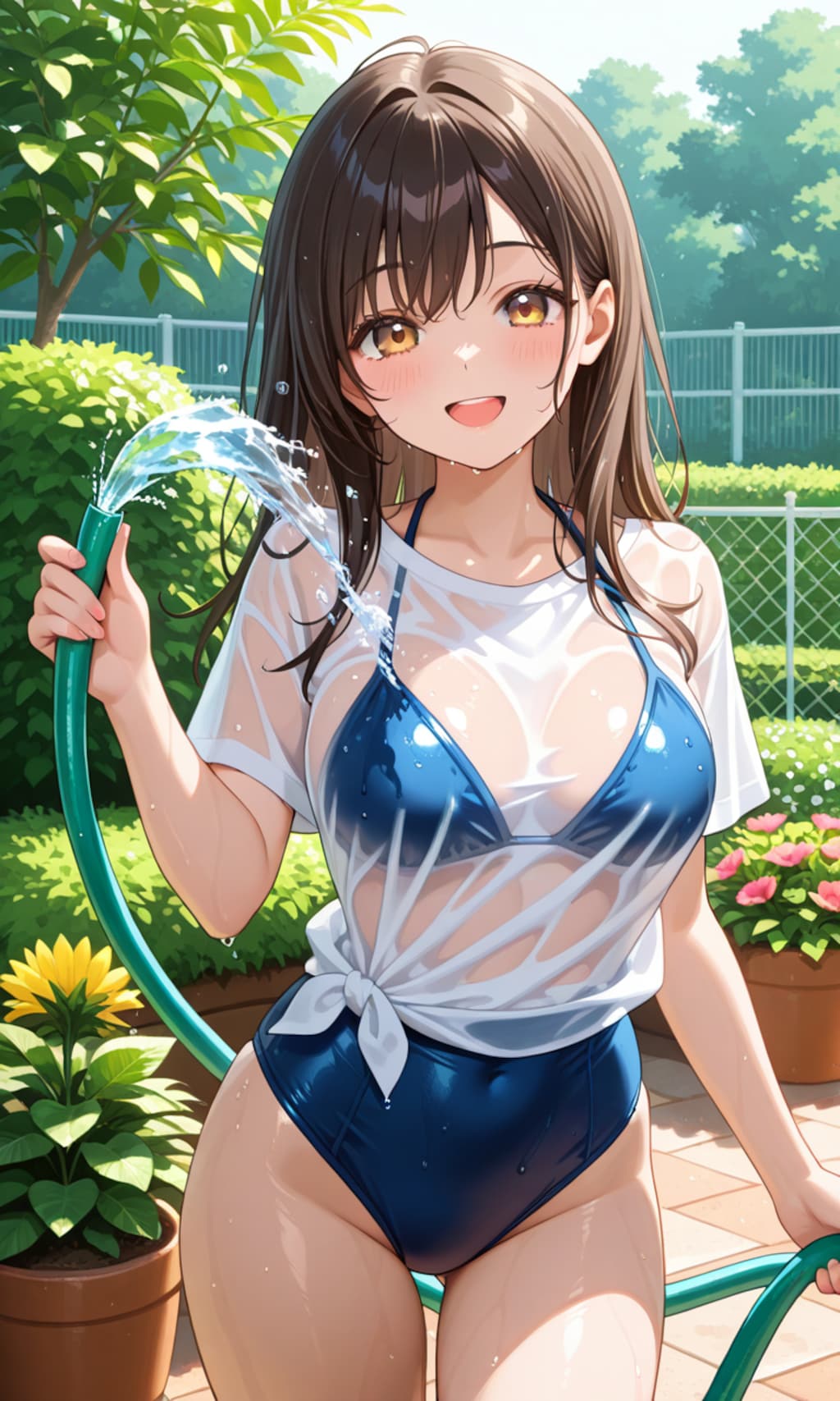 庭で水浴び