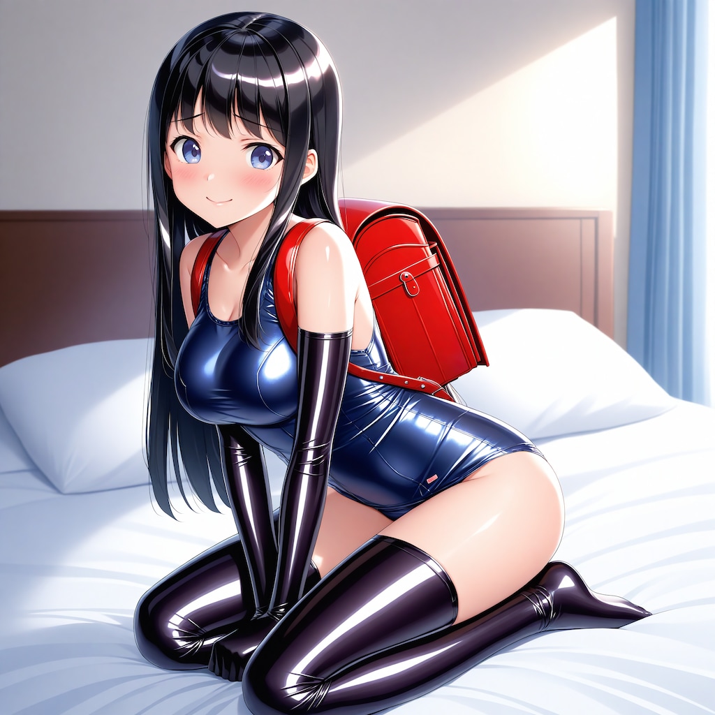 紺旧型スクール水着黒長手袋サイハイソックス赤ランドセル