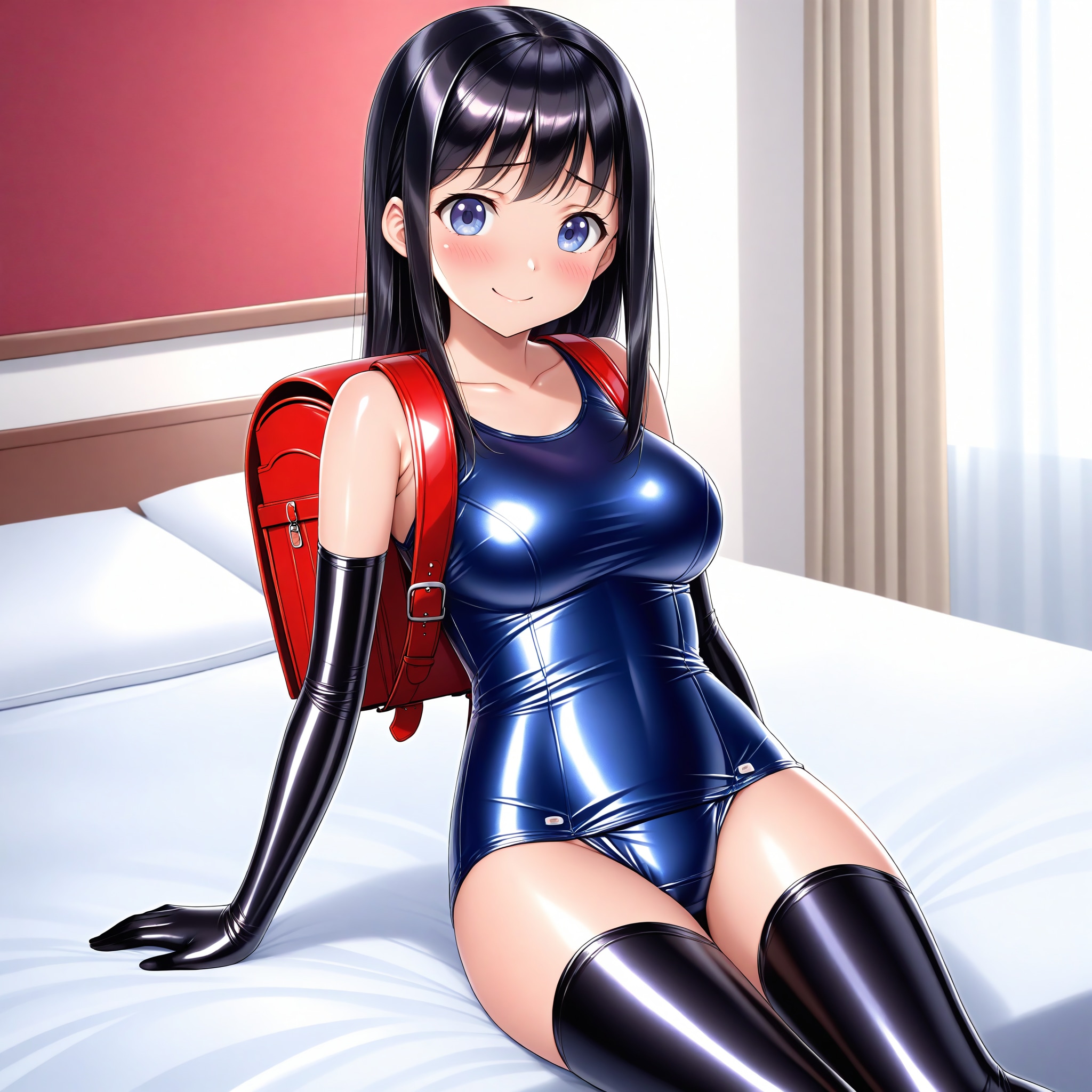 紺旧型スクール水着黒長手袋サイハイソックス赤ランドセル
