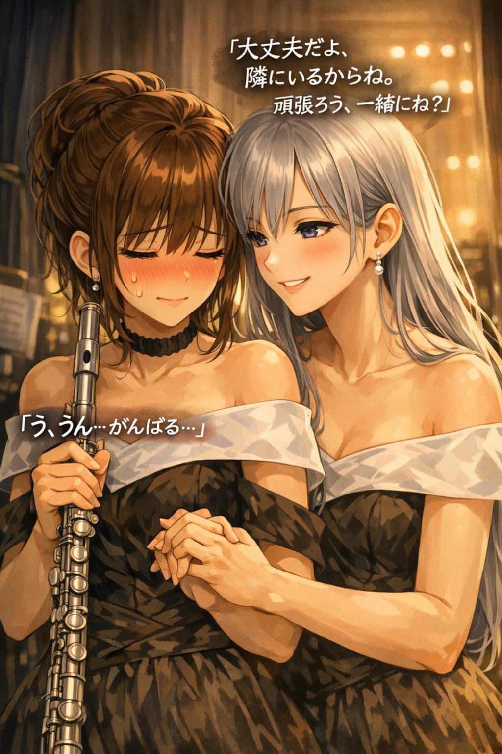 本番前の舞台袖で手を握る二人（オーケストラの日　02）