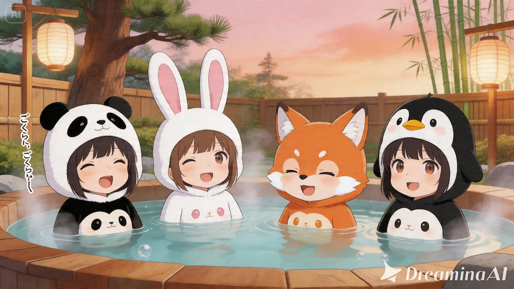 【All0423a】今日のクエストは非常に疲れたので、街の露天風呂でゆっくり疲れを癒している（モデル: Seedream 5.0）