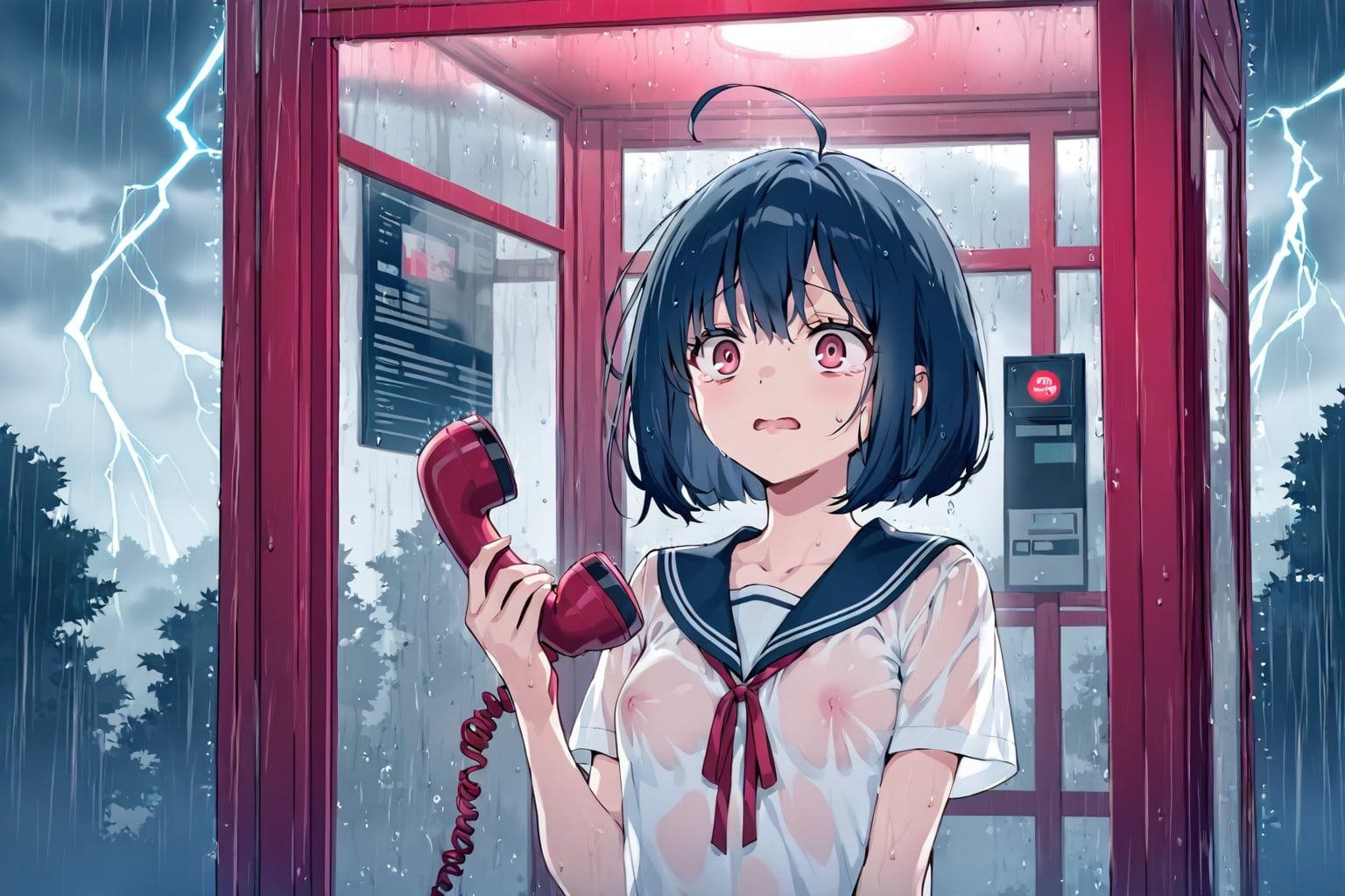 電話ボックスで雨宿りするノーブラ代理ちゃん