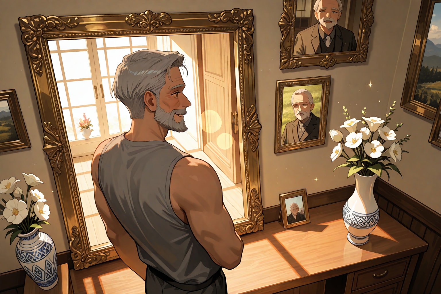 1 old man,a picture frame-photo (object),a vase and flowers