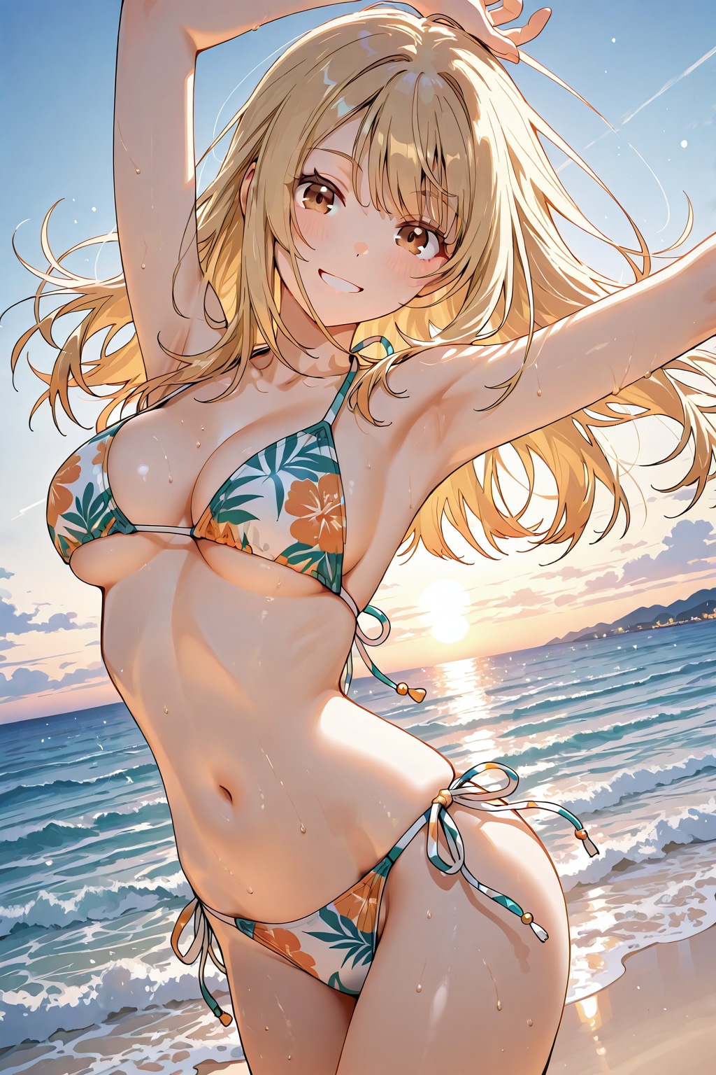 夕暮れの海 金髪ビキニ美少女 逆光ポートレイト