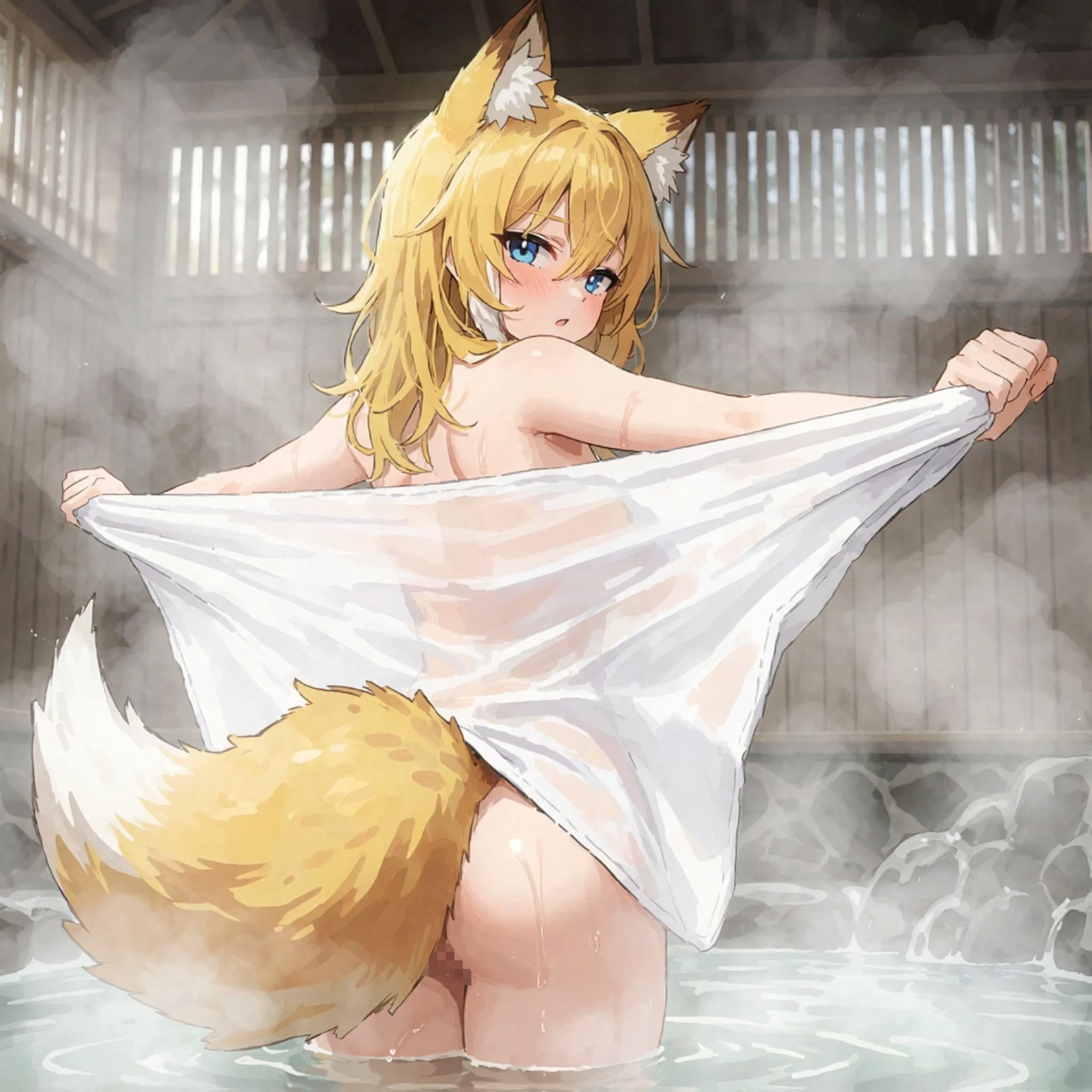 お風呂でタオルを背にする狐耳の女の子