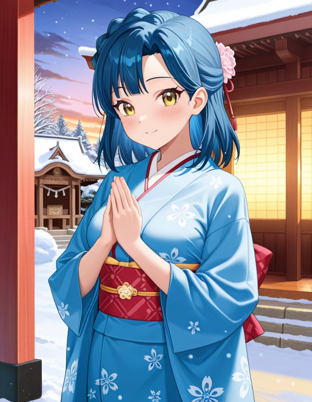 神社の前で祈る百合子(PixAI版)